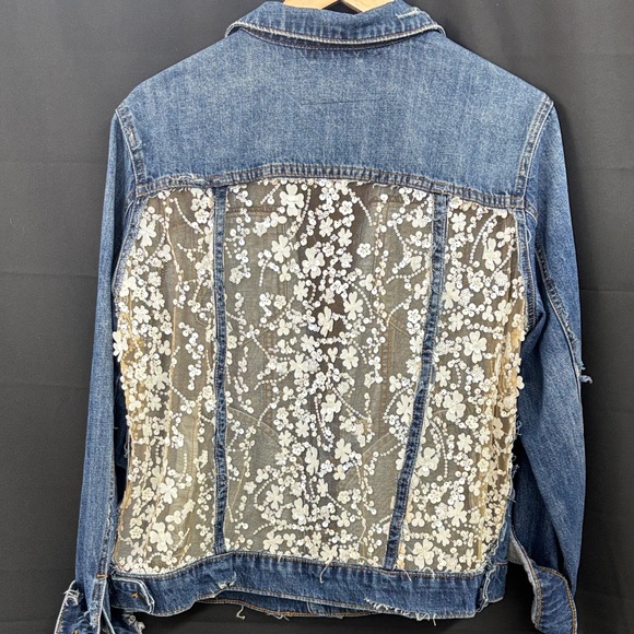 Jackets & Blazers - Repurposed Denim Jacket with Floral Lace Back Panel - by Jagged Threads